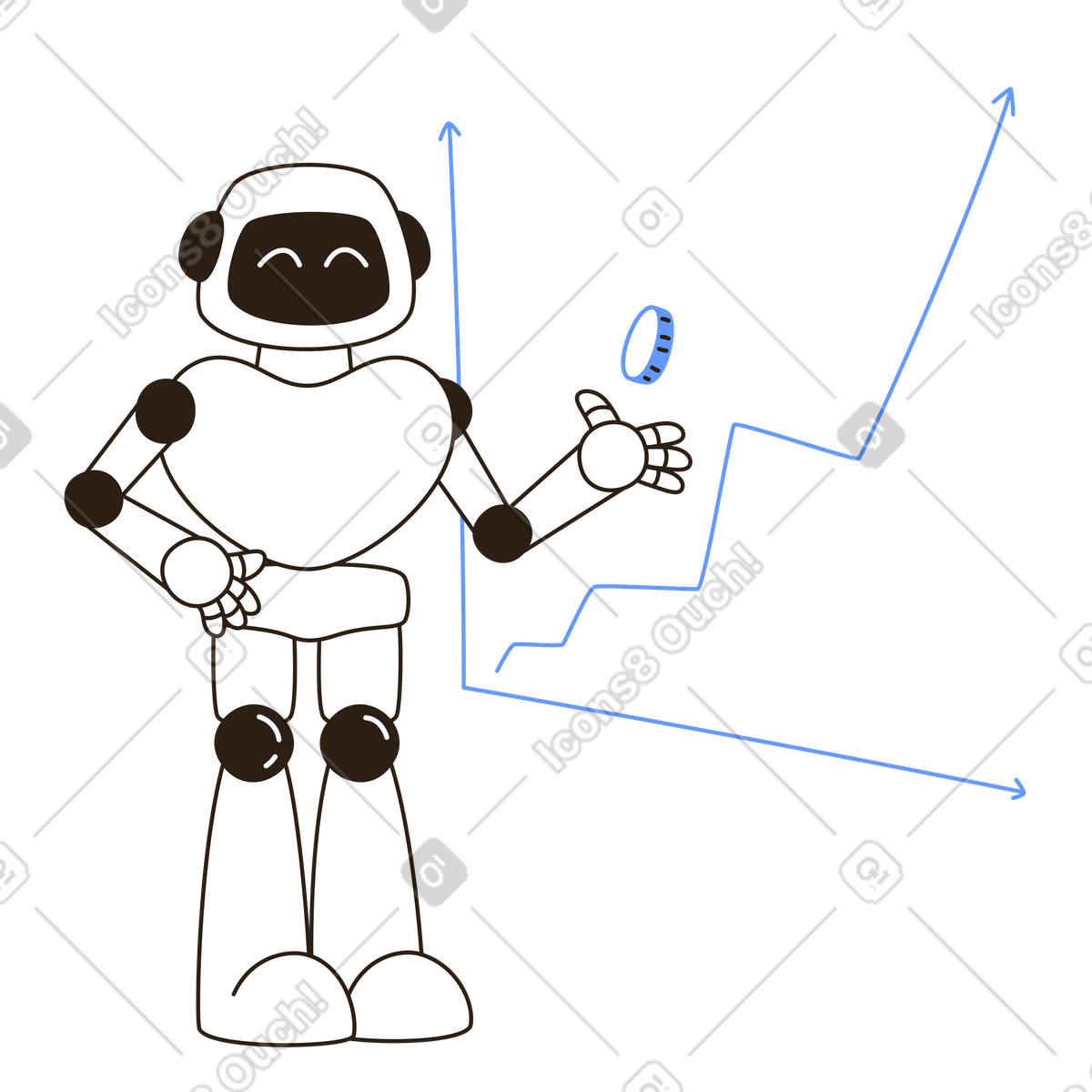 Ilustração animada de Robô amigável apresentando gráfico desempenho, inteligência artificial para insights negócios em no estilo Plain baixar em GIF, Lottie (JSON), AE