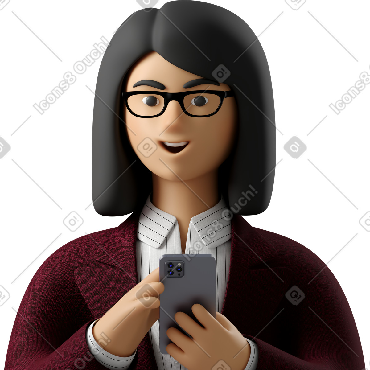 Close up of businesswoman in red suit with phone looking straight-Illustration im 3D Business-Stil als Download PNG, SVG