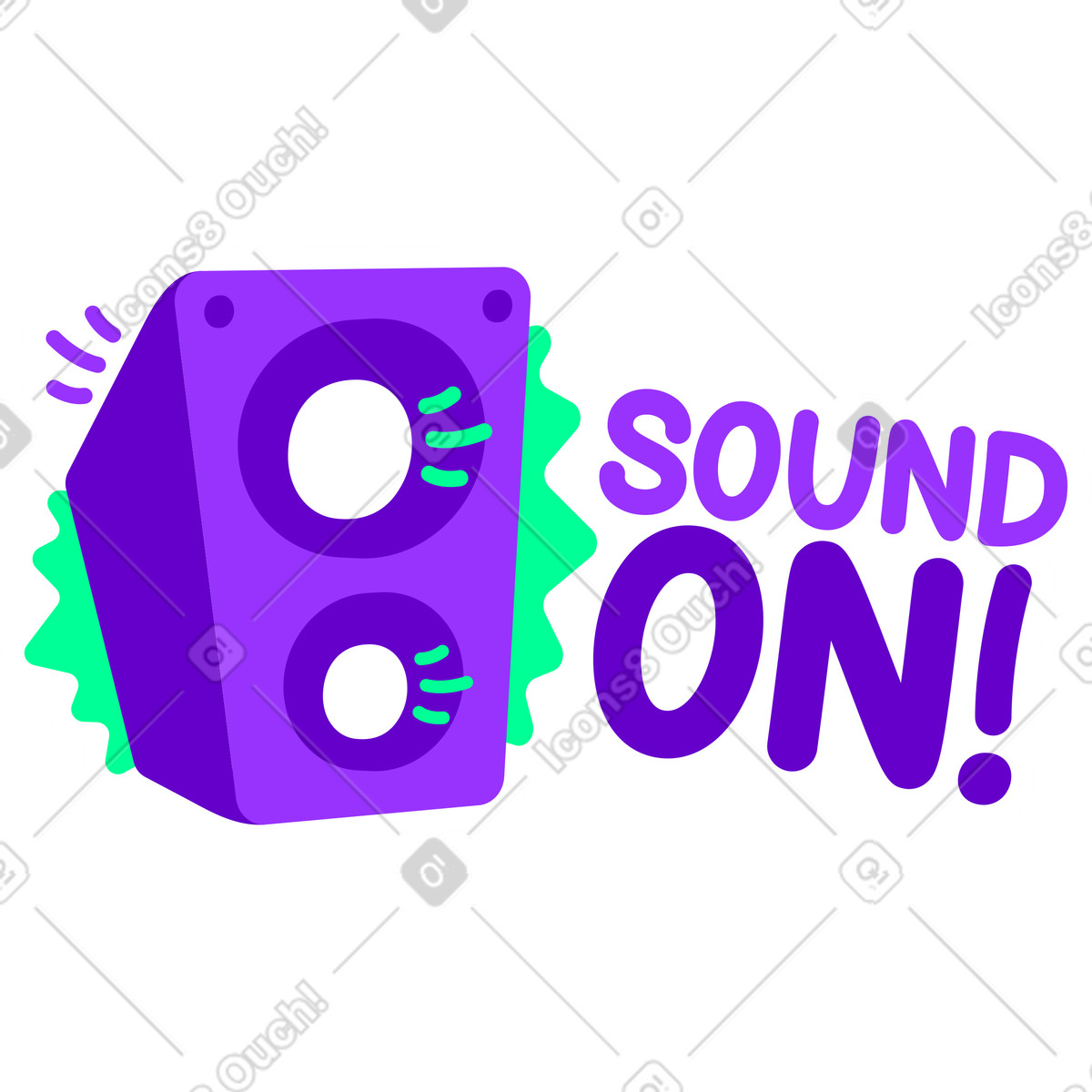Lettering sticker sound on! with music speaker green violet text animated illustration in style download in GIF, Lottie (JSON), AE