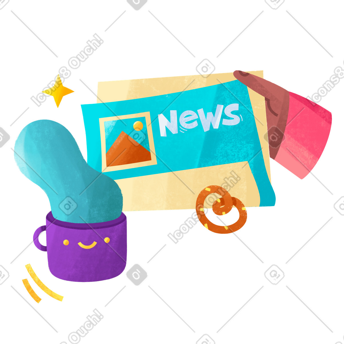 下载 Bonbon 风格的 早间新闻与一杯咖啡 插画，支持 PNG、SVG 格式