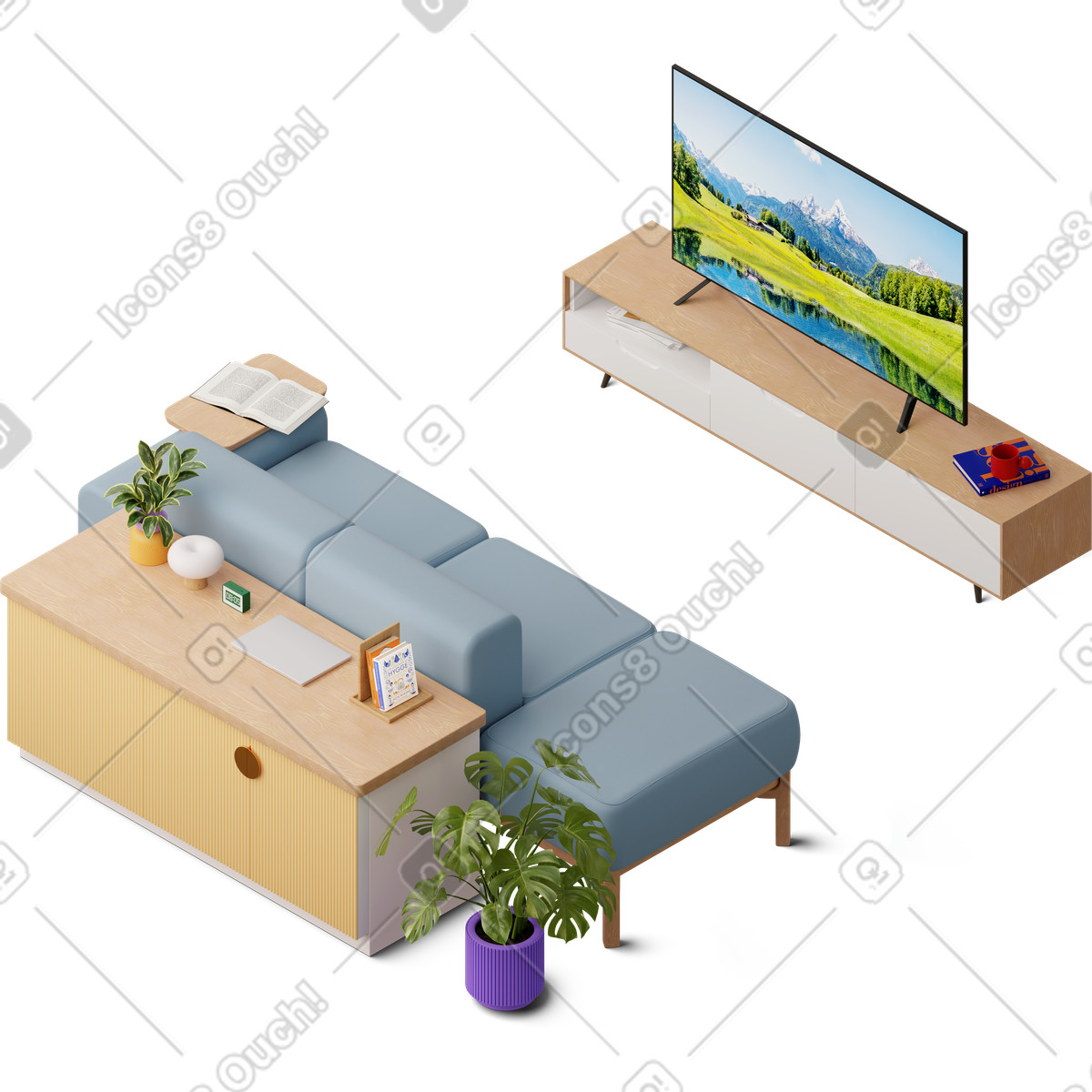 Ilustración Isometric view of sofa tv set and laptop en estilo 3D Hygge a descargar en PNG y SVG