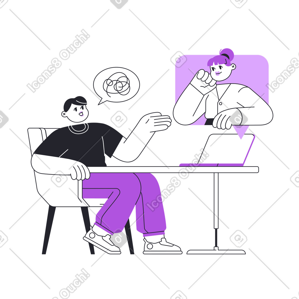 Ilustración Online psychotherapy session, Remote counseling or digital mental health services en estilo Grapy a descargar en PNG y SVG