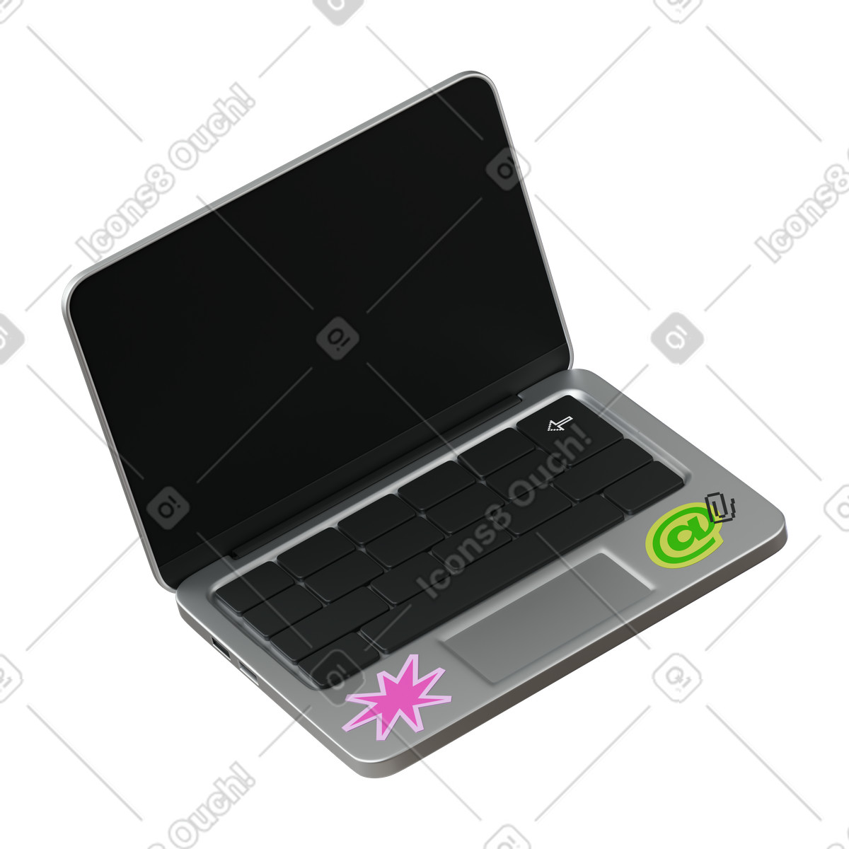 Ilustração de Modern laptop mockup with decorative stickers and black screen em no estilo 3D Stickle para baixar em PNG, SVG