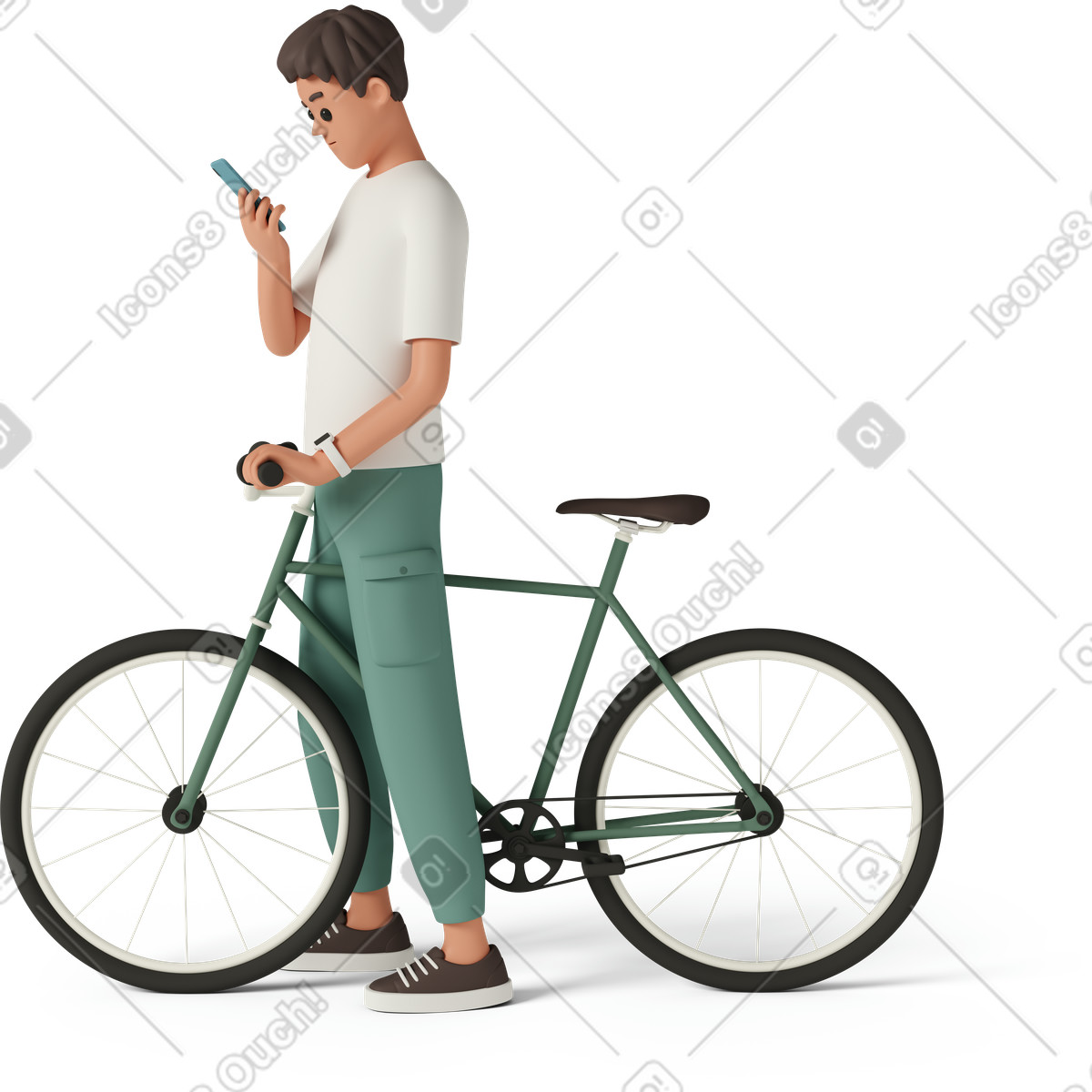 Ilustração de Side view of man standing with bicycle and looking at his phone em no estilo 3D Casual life para baixar em PNG, SVG