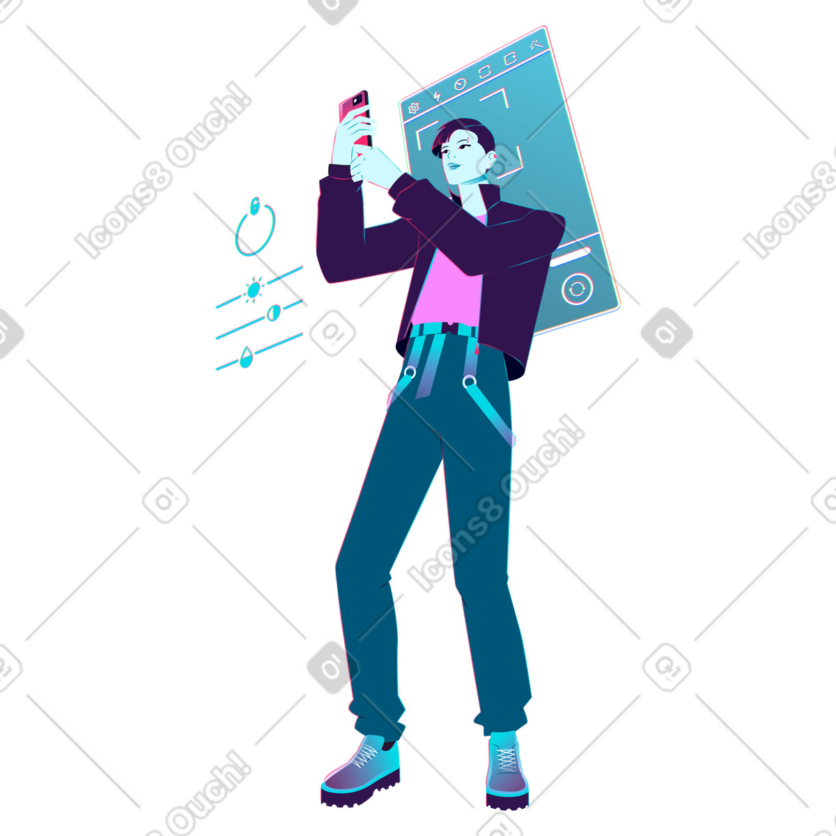 Ilustração de Taking a self-portrait on mobile phone, Content creation for social platforms em no estilo Neon para baixar em PNG, SVG