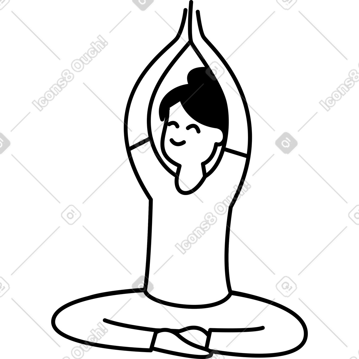 Notion Line Art スタイルの Yoga pose silhouette sitting cross legged with raised prayer hands のイラストをPNG、SVG形式でダウンロード