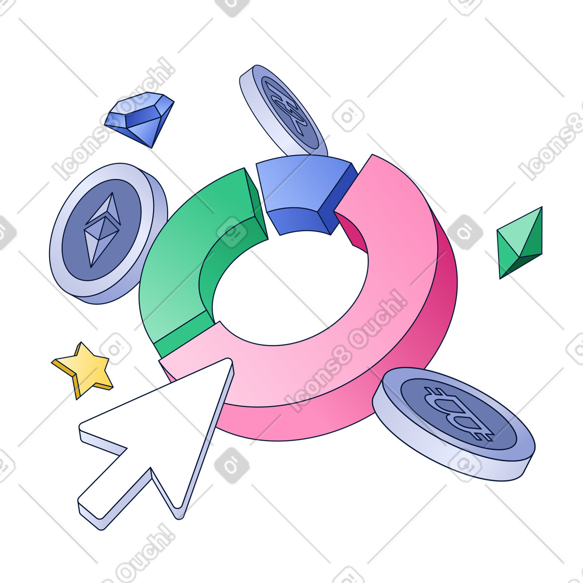 Floating crypto coins and pie chart, Cryptocurrency Income Analysis, Digital asset earnings breakdown animated illustration in GIF, Lottie (JSON), AE