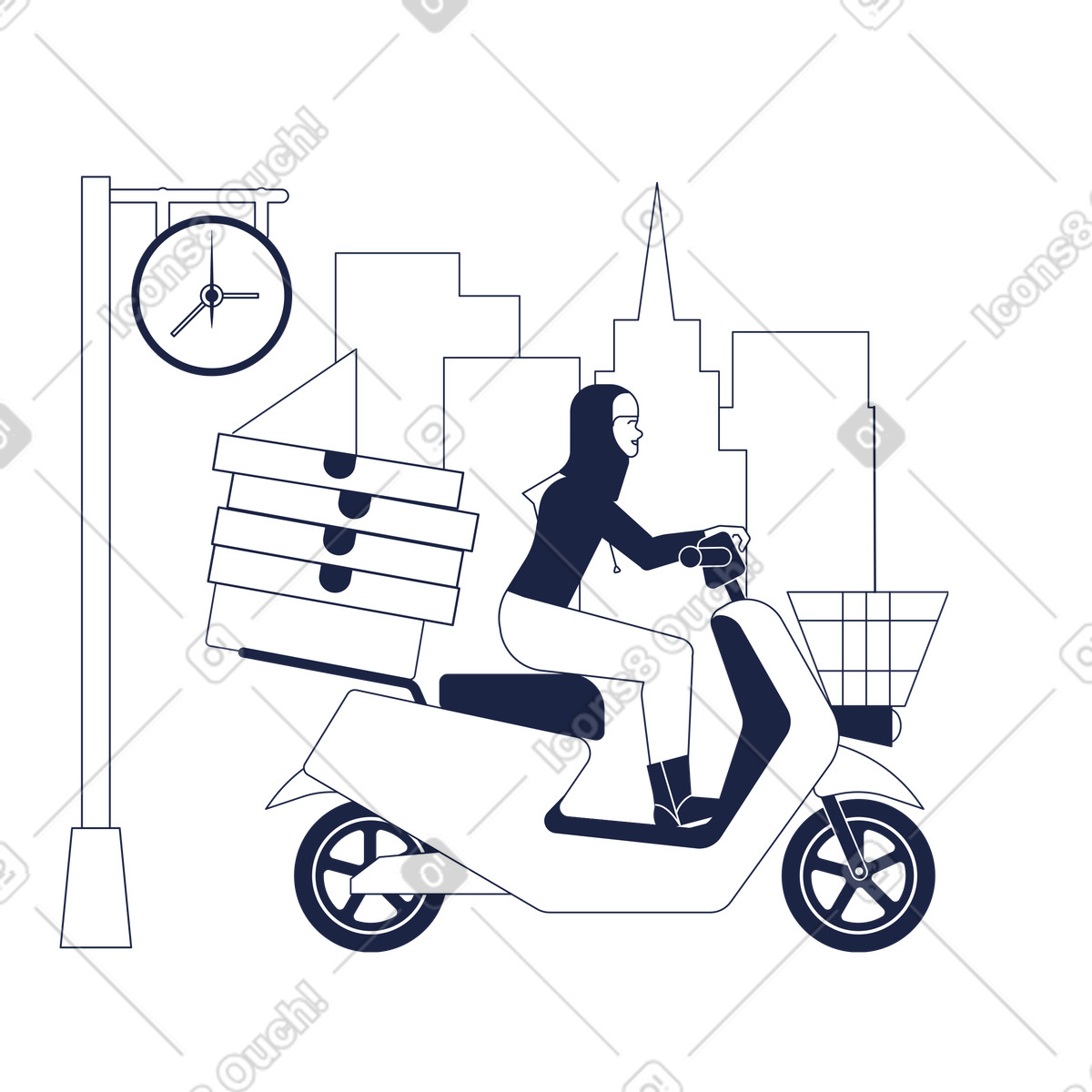 Ilustración Mujer repartidora de pizza en scooter estilo Urban Line a descargar PNG y SVG