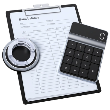 A clipboard with bank balance sheet and calculator - 3D Pro style illustration
