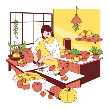 A warm yellow kitchen interior features a chef wearing a white apron, carefully chopping fresh vegetables on a wooden countertop. The kitchen is decorated with various autumn ingredients, including vibrant orange pumpkins, deep red apples, and bundles of green herbs hanging from the ceiling. A rustic wooden table in the background is laden with bowls of seasonal ingredients, and there are pots of herbs in terracotta pots on the windowsill. Light filters through the window, casting soft shadows and creating a cozy atmosphere as the chef works diligently.