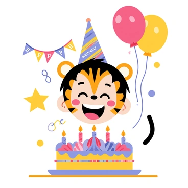 A joyful child with a "tiger face paint" design, featuring bold orange and black stripes across their cheeks and forehead. The child is smiling widely, revealing a set of bright, white teeth. They are wearing a colorful party hat, decorated with balloons, and surrounded by colorful decorations like streamers and a "Happy Birthday" banner. In the background, there are several balloons in shades of red, blue, and yellow floating above a table covered with a cake adorned with vibrant frosting and candles. The atmosphere is lively and festive, capturing the essence of a birthday celebration.