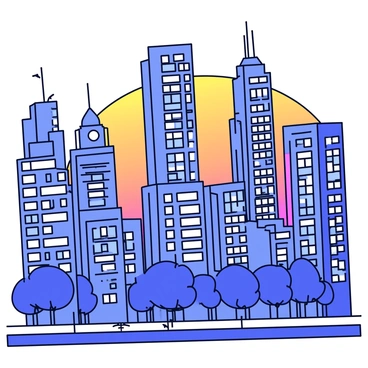 A bustling urban skyline at dusk, featuring a collection of tall buildings closely stacked together. The buildings are outlined against a gradient sky transitioning from orange to deep blue. Windows of the skyscrapers reflect the fading light, and some have small lights illuminated in various colors. In the foreground, a silhouette of a city street is visible, with a few trees and streetlamps adding contrast to the scene.