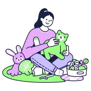 A girl is sitting on a colorful rug in a bright room. She has long hair tied in a ponytail and is wearing a comfortable sweater and jeans. Around her is a variety of crochet animal toys, including a purple rabbit, a green bear, and a small purple octopus. Each toy displays distinct features like button eyes and textured bodies. The girl is holding a green cat toy with a smile on her face, showcasing pride in her creations. A small basket filled with yarn in various shades rests nearby, and a crochet hook is lying next to her.