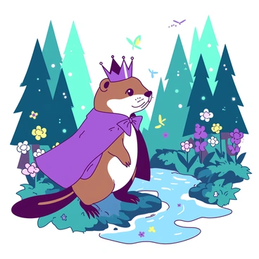 A brown groundhog is dressed in a vibrant purple fairy tale character outfit, complete with a shiny silver crown and a flowing cape. The groundhog is standing on its hind legs, looking curiously at its surroundings. The magical forest is filled with tall teal trees adorned with sparkling lights and colorful flowers blooming in varied shades. A gentle stream runs through the scene, reflecting the surrounding colors, while colorful butterflies flutter around, adding to the enchanting atmosphere.