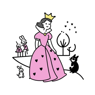 A queen with a large, ornate crown and a flowing red gown adorned with heart motifs is standing confidently. She has a stern expression on her face. Surrounding her are various characters from her realm, including a small, mischievous rabbit, a pair of card soldiers standing at attention, and a grinning Cheshire cat perched on a branch nearby. Each character is depicted with distinctive features, contributing to the lively atmosphere of the scene. The background features simple shapes representing trees and a pathway, emphasizing the queen and her companions.