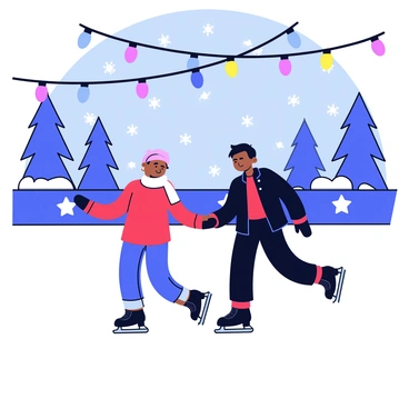 A couple ice skating hand in hand on a smooth ice rink. The woman wears a cozy red sweater and a white scarf, while the man is dressed in a dark blue jacket and black gloves. Above them, colorful festive lights hang in strings, illuminating the scene with a warm glow. In the background, snowflakes gently fall from a starry sky, adding to the wintry atmosphere. The rink is surrounded by tall evergreen trees dusted with snow.