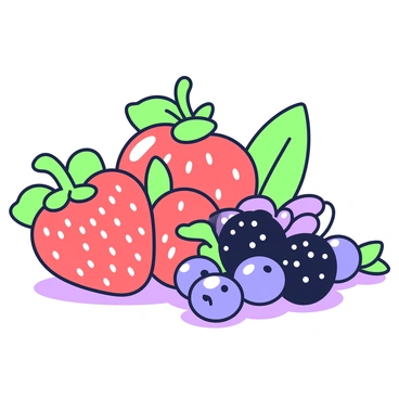 A cluster of berries is arranged on a surface. The berries include red strawberries, dark blue blueberries, and blackberries, showcasing their rich textures. Each berry is bright and round, with droplets of water on their surfaces, creating a glistening effect. Soft shadows extend from the berries, indicating the presence of warm sunlight illuminating the scene. There are also small green leaves scattered among the berries, adding to the natural composition.
