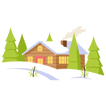A snowy winter landscape featuring a bright white blanket of snow covering the ground. Tall green pine trees are scattered throughout the scene, their branches heavy with snow. In the foreground, there is a cozy wooden cabin with smoke gently rising from its chimney. The cabin has a sloping roof covered in snow, and warm light glows from the windows. The scene is set on a 30x20 board, highlighting the peaceful beauty of the winter environment.