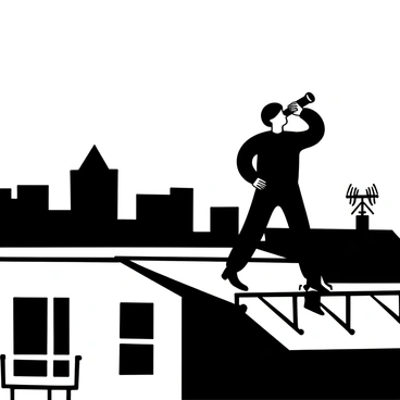 A shadowy figure is standing on a rooftop, intently watching through a pair of binoculars. The figure is dressed in dark clothing, blending into the shadows. The rooftop has a railing and various antennas scattered around. The city skyline is visible in the background, with buildings silhouetted against the sky. The figure appears focused, with the binoculars raised to their eyes for a better view.