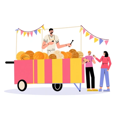 A street vendor selling freshly baked buns from a vibrant cart