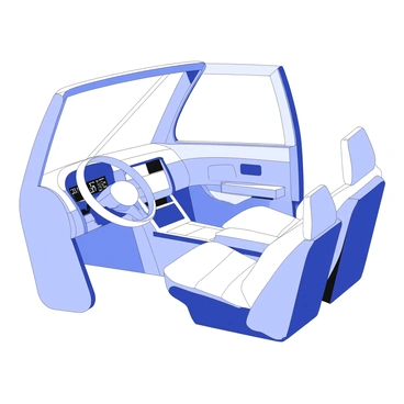 An interior of a compact car is shown, designed for maximum efficiency and space saving. The dashboard features a sleek layout with digital displays, showcasing speed and navigation information. The front seats are designed with minimalistic style, providing comfort while occupying less space. The rear seats have a foldable design, allowing for additional cargo space when needed. The central console includes compartments for storage, and the door panels have integrated pockets. Sunlight streams through a panoramic glass roof, adding a sense of openness to the compact space.