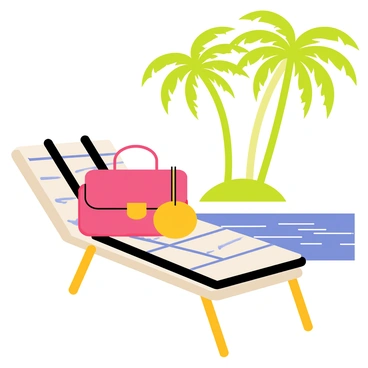 A stylish "Chanel bag" resting on a "sunlounger" with a striped pattern. The sunlounger is positioned next to a "sparkling pool" that reflects the sunlight. In the background, there are tall "palm trees" swaying gently in the breeze. The scene is bright and vibrant, filled with summer colors.