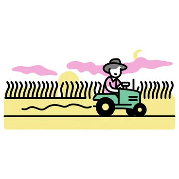A golden wheat field filled with tall stalks of wheat swaying gently in the breeze. A farmer, wearing a plaid shirt and a wide-brimmed hat, is driving a green tractor, moving steadily through the field. The sky is painted with vibrant hues of orange and pink as the sun sets in the background, casting a warm glow over the landscape. The tractor is leaving a trail of freshly cut wheat behind it, creating a contrast with the untouched golden areas of the field.