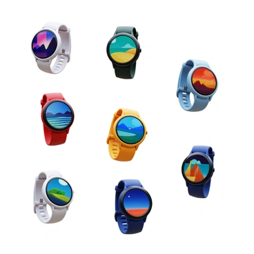 A series of "colorful and creative watch faces" displayed on "different Samsung Galaxy Watches." Each watch features a unique design, with some having geometric patterns, while others showcase landscapes or abstract art. The watches are presented in various angles, highlighting their round and sleek designs. The bands vary in color and material, such as leather and silicone, complementing the watch faces. The background is neutral, ensuring focus remains on the watches and their vibrant displays.