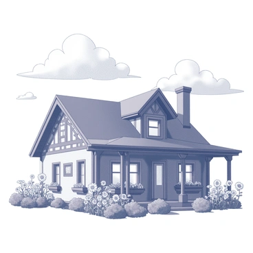 A cottage with a steep, gabled roof and a charming front porch. The walls are adorned with intricate wooden beams, and several windows with flower boxes can be seen. Surrounding the cottage are various types of flowers, including daisies and sunflowers, creating a vibrant scene. Above, the sky is expansive and features fluffy clouds scattered throughout. The overall composition presents a sense of warmth and inviting atmosphere, with the cottage as the focal point amidst the floral display.