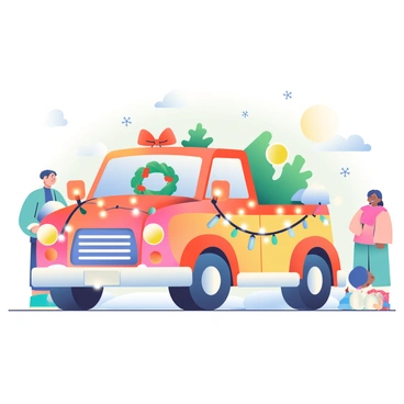 A mini-truck is parked in the center of a winter festival scene, covered in bright, colorful festive decorations. Strings of twinkling lights are wrapped around the truck's body, creating a cheerful glow. There are small wreaths made of evergreen branches attached to the front grille, and large red bows are placed on the side mirrors. In the background, snowflakes are gently falling, creating a soft white blanket on the ground. Families are walking around, enjoying the festive atmosphere, while children are building a snowman nearby. The sky is a soft pastel hue, reflecting a late afternoon winter light.