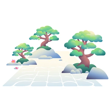 A tranquil zen garden is depicted with meticulously raked white sand forming smooth patterns across the ground. Small, carefully placed rocks provide structure, nestled within the sand. In the background, several bonsai trees with lush green leaves are artistically arranged, showcasing their intricate shapes and textures. Delicate moss covers the bases of the trees, adding a touch of richness to the scene. A few blooming stones with subtle colors are scattered throughout the garden, harmonizing with the overall composition.