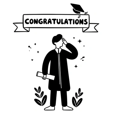 A student wearing a cap and gown stands tall while holding a diploma in one hand. The diploma is rolled up and tied with a ribbon. The background features a graduation banner with the words "Congratulations" in bold letters. There are decorative elements like stars and laurel leaves surrounding the student.