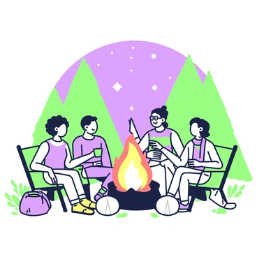 A group of friends is gathered around a campfire in a clearing. The fire is crackling, casting flickering shadows on their faces. Each friend has a unique appearance; one has curly hair, another wears glasses, and a third has a colorful scarf around their neck. They are sitting on logs and camping chairs, holding cups. In the center, the flames create a warm glow, illuminating the area. In the background, tall trees surround the clearing, and the night sky is visible above, dotted with stars. The friends are engaged in conversation, smiling and gesturing as they share stories from their adventures.