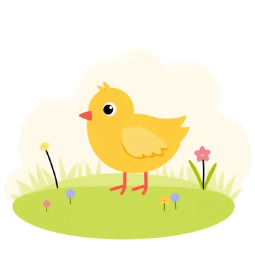 A small, fluffy yellow chick stands alone in a green field. The chick has bright, curious eyes and tiny, delicate wings. Surrounding the chick is a soft morning fog that gently envelops the grass, creating a mystical atmosphere. The field is dotted with small, colorful wildflowers peeking through the dew-covered grass. The soft light of dawn filters through the fog, casting a gentle glow over the scene.