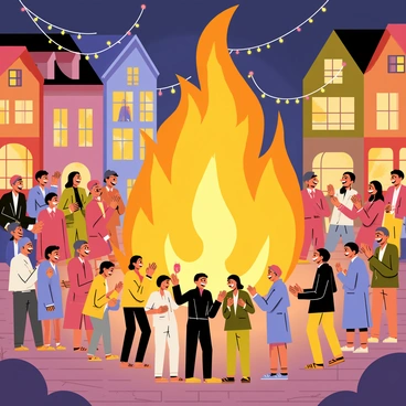Villagers gathered around a massive bonfire in the town square. The bonfire is large, with bright flames flickering and dancing. The villagers are of various ages and backgrounds, wearing colorful clothing, some in traditional attire. They are smiling and laughing, creating a lively atmosphere. Some villagers are clapping their hands and others are playing musical instruments, such as drums and flutes. The square is illuminated by the glow of the fire, casting warm light on the cobblestone ground. In the background, there are quaint buildings adorned with strings of lights, adding to the festive mood.