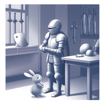 A young rabbit squire stands in a medieval armory, carefully polishing a suit of armor. The armor, intricately designed, features ornate engravings and a shiny surface reflecting the dim light of the room. The squire, a small rabbit with fur slightly ruffled, holds a polishing cloth in his paws, focused on his task. Various tools and weapons, such as swords and shields, are displayed on the walls and racks of the armory, contributing to the ambiance of the scene. In the background, a large wooden table is cluttered with additional armor pieces and a helmet. The atmosphere is one of dedication and preparation for the knight's upcoming battle.