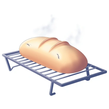 A cooling rack holding a loaf of freshly baked bread. The bread has a golden-brown crust with a few cracks. Steam is rising from the surface, creating a hazy vapor that escapes from the loaf. The rack is made of metal, with thin horizontal bars that support the bread. The setting is simple, focusing on the warm and inviting appearance of the bread.