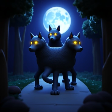 A three-headed Cerberus standing guard, each head with "glowing eyes" that pierce through the darkness. The creature has a muscular build, covered in "shaggy black fur," and its three heads are positioned alertly. The moonlight casts a soft glow on its form, illuminating the "moonlit path" beneath its paws. Surrounding the path, shadows of trees create an eerie atmosphere, with "leaves rustling" softly in the night. The background is dim, enhancing the contrast between the "glowing eyes" and the surrounding darkness.