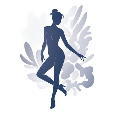 A graceful silhouette of a model standing with one leg slightly bent. The model's arms are positioned elegantly, emphasizing the curves of the body. The background features a blend of abstract shapes and patterns, creating a dynamic interplay of forms and lines that enhance the model's pose. The silhouette contrasts sharply with the intricacies of the background, highlighting the model's form and expression.