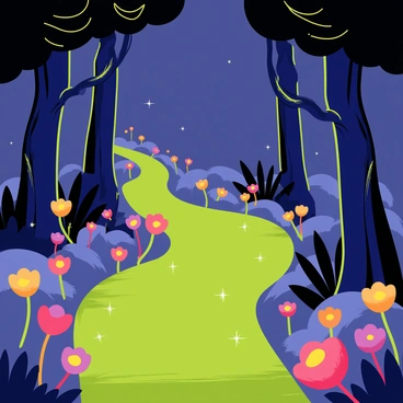 A narrow, winding path covered with soft, green grass leads through a magical forest. The path is flanked by various glowing flowers in vibrant colors, illuminating the surroundings. Tall, whimsical trees with twisted trunks cast mysterious shadows along the pathway. Small sparkles of light drift in the air, adding to the enchanting atmosphere of the scene. The sky is a deep twilight blue, enhancing the magical feel of the forest.
