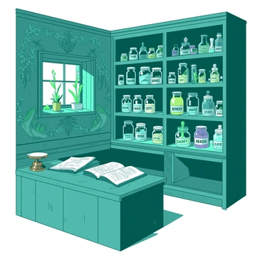 A teal medieval apothecary shop filled with wooden shelves that are overflowing with glass jars containing various dried flowers and herbs. Each jar has a distinct label, and the shelves are arranged in an ornate manner. The walls of the shop are adorned with faded tapestries depicting herbal remedies. A wooden counter at the front has a small brass scale and several open books with handwritten notes on potion recipes. Sunlight filters through a small window, casting soft shadows across the room.
