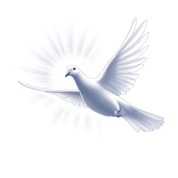 A white dove is depicted gracefully descending from the sky. The dove has outstretched wings, showing detailed feathers and a poised body, enhancing its elegant presence. Rays of light emanate from a source above, creating a radiant halo effect around the bird. The background suggests a vast expanse of sky, adding to the sense of height and openness, while the light rays create a sense of movement as they illuminate the dove's path.