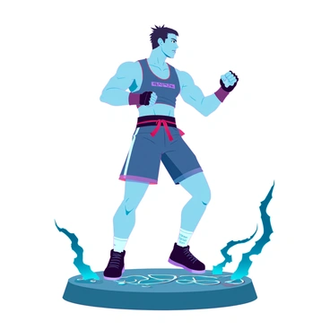 An action figure of a street fighter with a muscular build, wearing a sleeveless tank top and combat shorts. The figure is captured in a dynamic martial arts pose, with one leg raised in a high kick and fists clenched, ready for action. The figure has short, spiky hair and a determined expression, showcasing intense concentration. It features detailed sculpting on the muscles and fabric textures of the clothing. The action figure stands on a textured surface resembling asphalt, with graffiti-style designs in the background to enhance the street fighter theme.