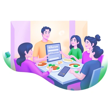 A modern pastel illustration of a family gathered around a dinner table. The table is set with various tech gadgets, including a tablet, a smartphone, and a laptop. The family members are engaged in conversation, with one adult pointing at the tablet displaying information on "Ethereum" in clear text. Other family members are listening attentively, with expressions of interest and curiosity. The dining room is warmly lit, creating a cozy atmosphere, and there are plates of food and drinks on the table, contributing to the scene of a lively dinner discussion.