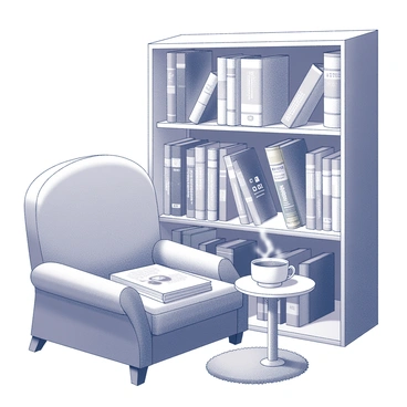 A corner of a room featuring a collection of classic manga illustration books neatly arranged on a wooden bookshelf. The bookshelf is filled with books of various sizes, showcasing colorful covers and intricate spines. In front of the bookshelf, there is a cozy chair upholstered in a soft fabric, positioned to face the collection. A small side table beside the chair holds a steaming cup of tea and a sketchbook, inviting moments of quiet creativity. The floor is covered with a plush rug, adding to the comfort of the space. The atmosphere suggests a dedicated nook for reading and artistic inspiration.