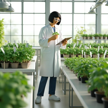 A scientist with short black hair, wearing a white lab coat and safety goggles, is standing inside a greenhouse filled with lush green plants. The scientist is holding a clipboard in one hand while using the other hand to gently examine a small plant in a pot. In the background, there are various plants displayed at different growth stages, from tiny seedlings to fully matured plants, each labeled with small tags. The greenhouse is bright, with sunlight streaming through the glass panels, illuminating the vibrant colors of the foliage.