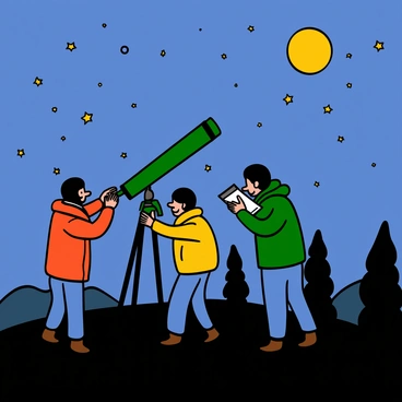 A group of astronomers with light skin and dark hair are observing the night sky from a hill in Pahalgam. They are using large telescopes that are pointed towards the star-filled sky. The astronomers are wearing warm jackets, and one is adjusting the telescope while another takes notes on a clipboard. The night sky is clear, revealing numerous bright stars and constellations. In the background, the silhouette of trees and distant mountains is visible under the glow of the moonlight.