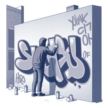 A graffiti artist is standing in front of a large, textured urban wall in an alley. The artist has spray paint cans scattered around them and is actively painting a bold and intricate design. They wear a black hoodie and gloves, focused on their work. The wall is covered with various other graffiti tags and artworks, showcasing a history of street art. The ground is littered with small debris, and the alley is lined with brick buildings, adding to the urban atmosphere.
