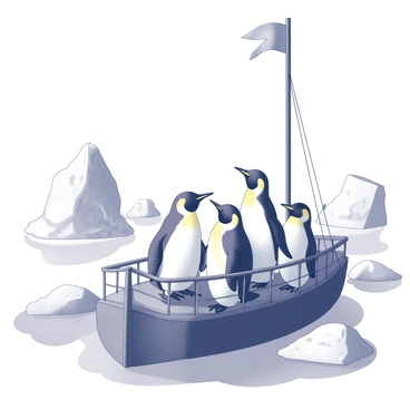 A group of penguins wearing sailor outfits is aboard a ship navigating through icy waters. The penguins stand at the railing, peering ahead with a sense of determination. The ship features a sturdy hull and a tall mast with a weathered flag flapping in the wind. Icebergs loom in the background, their jagged edges rising from the water's surface. The atmosphere is filled with a feeling of adventure as the penguins steer the vessel through the chilly landscape.