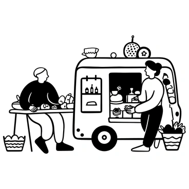 An elder with a weathered appearance is sitting beside a table filled with various handmade goods, including woven baskets, knitted scarves, and wooden carvings. Next to them, a young person is standing next to a vibrant food truck displaying a menu of different foods. The food truck has an open window, and the young person is handing a colorful dish to a customer. Surrounding the scene are various items indicative of a market atmosphere, such as hanging signs and a small crowd gathering around the food truck and the elder's display.